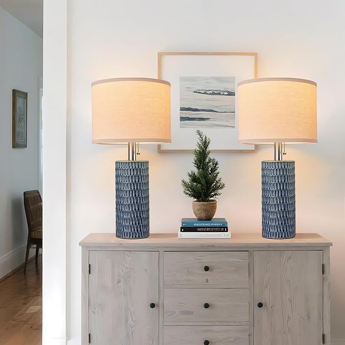 20.5" Modern Ceramic Table Lamps for Bedroom Set of 2, Bedside Lamps for Night Stands with Beige Lampshade, Farmhouse Table Lamp for Living Room Office Dorm, Blue
