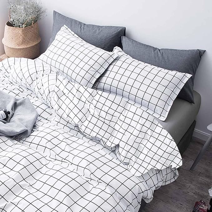 Faincy Queen Comforter Set, White Black Grid Geometric Plaid Pattern Printed Reversible Comforter - Size 90 x 90 3PC Soft Microfiber Duvet Sets 2 Pillowshams Modern Bedding in a Bag for Women Men Teen