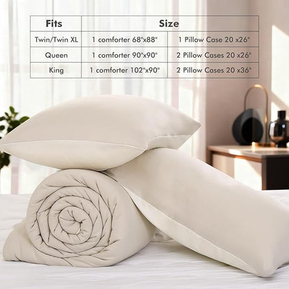 Elegear King Comforter Set Beige, PCM Tech Ultra-Soft Bedding Set, 2Pcs Upgraded Micro Fleece Lightweight Breathable Comforter Set All Season, 1 Reversible Comforter 102x90, 2 Zipper Pillowcases 20x36