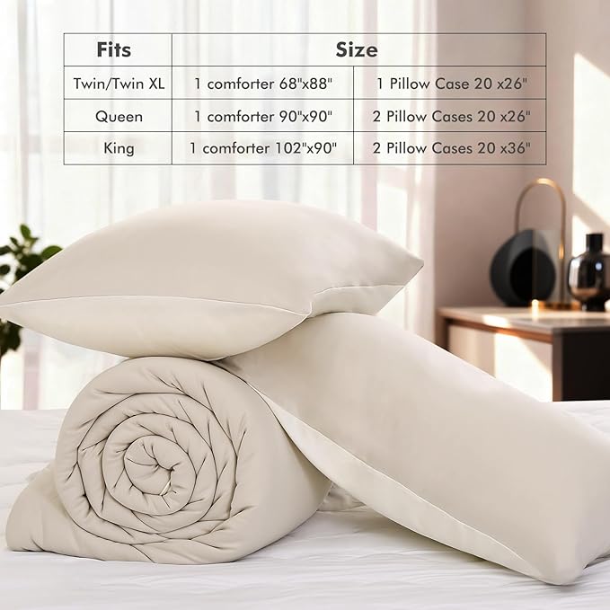 Elegear Twin Comforter Set Beige, PCM Tech Ultra-Soft Bedding Set, 2Pcs Upgraded Micro Fleece Lightweight Breathable Comforter Set All Season, 1 Reversible Comforter 68x88, 1 Zipper Pillowcase 20x26