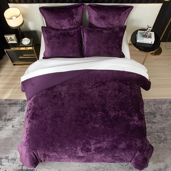 Ivellow Crushed Velvet Comforter Set King Purple Comforter Set 5pcs Ultra Soft Lightweight Breathable Bedding Set Luxury Cozy Flannel Comforter King Size (1 Comforter,2 Pillow Shams, 2 Euro Shams