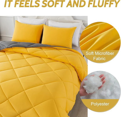 Decroom Lightweight Twin Comforter Set with 1 Pillow Sham - 2 Pieces Set - Quilted Down Alternative Comforter/Duvet Insert for All Season - Yellow/Grey - Twin/Twin XL Size