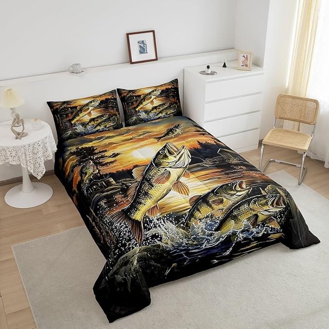 Erosebridal Big Pike Fish King Bedding Set,Bass Fishing Theme Comforter Set for Kids Boys Men,Vintage Lake House Comforter,Rustic Cabin Lodge Bedroom Room Decor,2 Pillowcases Lightweight