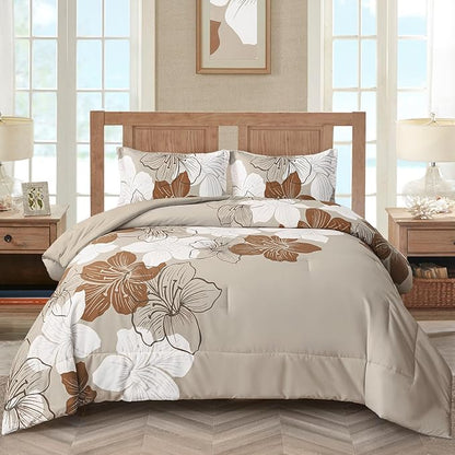 Menghomeus Brown Comforter Set California King Taupe Floral Comforter Cal King Botanical Bedding Sets Soft Microfiber Bed Set for All Season, 3 Pieces (1 Comforter, 2 Pillowcases)