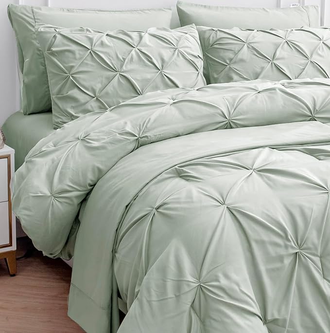 LANE LINEN Twin Comforter Set, 5 Piece Twin Bedding Sets, Ultra Soft Pintuck Twin Bed in a Bag Set with Down Alternative Comforter, Sheets, Pillowcase & Sham, Pinch Pleated Bedding Set - Mineral | Dorm guest set, Deep pocket sheet, Soft pintuck style, ...