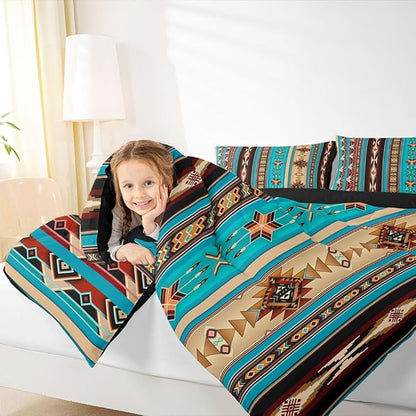Aztec Bedding Set Ethnic Tribal Arrow Queen Comforter Set,Vintage Southwestern Native Bohemian Quilt,Western Star Duvet Insert Exotic Geometric Diamond Stripes Room Decor,Teal Blue and Brown