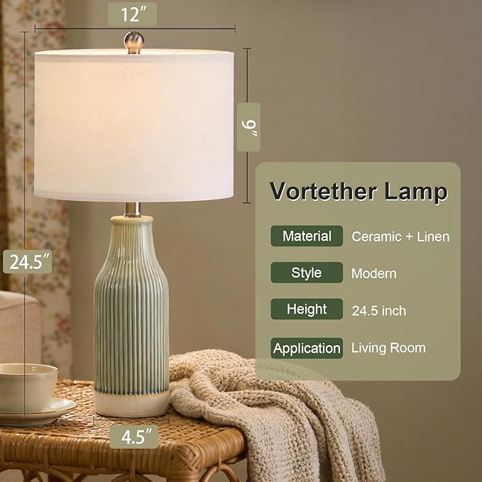23.75" Modern Ceramic Table Lamps Set of 2, Stylish Bedside Lamps for Bedroom, Gorgeous Lamps for Nightstand, Lamps for Living Room, Farmhouse End Table Lamps, Light Green Home Decor