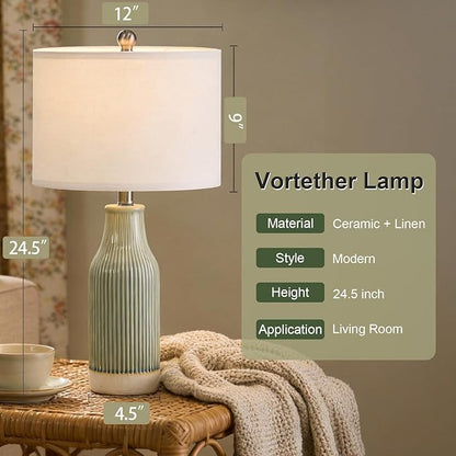 23.75" Modern Ceramic Table Lamps Set of 2, Stylish Bedside Lamps for Bedroom, Gorgeous Lamps for Nightstand, Lamps for Living Room, Farmhouse End Table Lamps, Light Green Home Decor