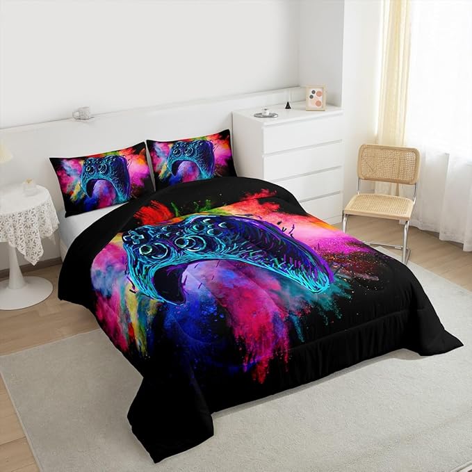 Erosebridal Teen Boys Gaming Full Size Comforter Sets Kids Gamer Bedding Set Girls Colorful Tie Dye Down Comforter Video Game Room Deocr Bed Set Navy Blue Gamepad Bedding Quilt with 2 Pillow Cases