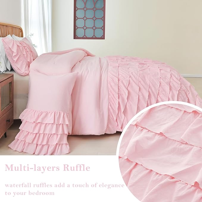 PERFEMET Pink Ruffled Comforter Set Full Multi-Layers Ruffle Bedding for Girls Princess Bedding Set Kids Chic Room Decor (Light Pink，Full)