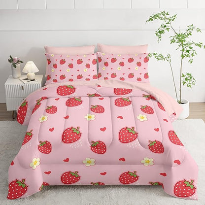 Cute Strawberry Twin Comforter Set,Light Cute Pink Strawberry Bedding Set 7 Piece in A Bag,Bed Sheet Set Cute Strawberries and Flowers Decor,Microfiber Lightweight All Season