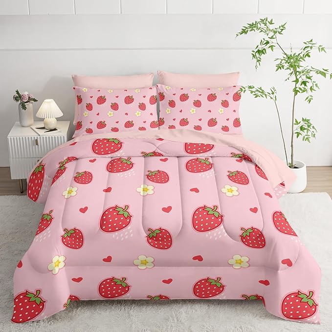 Cute Strawberry Queen Comforter Set,Light Cute Pink Strawberry Bedding Set 7 Piece in A Bag,Bed Sheet Set Cute Strawberries and Flowers Decor,Microfiber Lightweight All Season