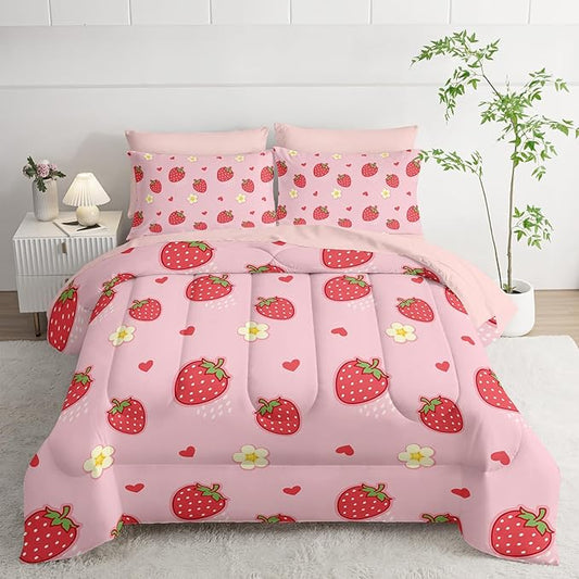 Cute Strawberry Queen Comforter Set,Light Cute Pink Strawberry Bedding Set 7 Piece in A Bag,Bed Sheet Set Cute Strawberries and Flowers Decor,Microfiber Lightweight All Season