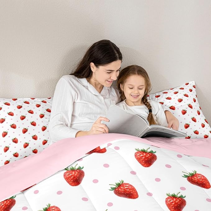 jejeloiu Sweet Strawberry Duvet Cover Toddle Size 3D Print Bedding Set for Kids Boys Girls Pink Wave Dot Comforter Cover Set Kawaii Fruit Bedspread Cover 2Pcs