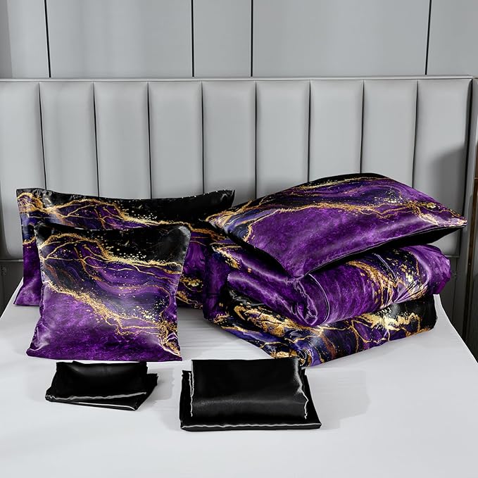 Purple Satin Comforter Set Gray Marble Bedding King Purple Marble Stone Bedroom Decor Artwork Abstract Comforter Silk Like Silky Bed in A Bag with Comforter and Sheets