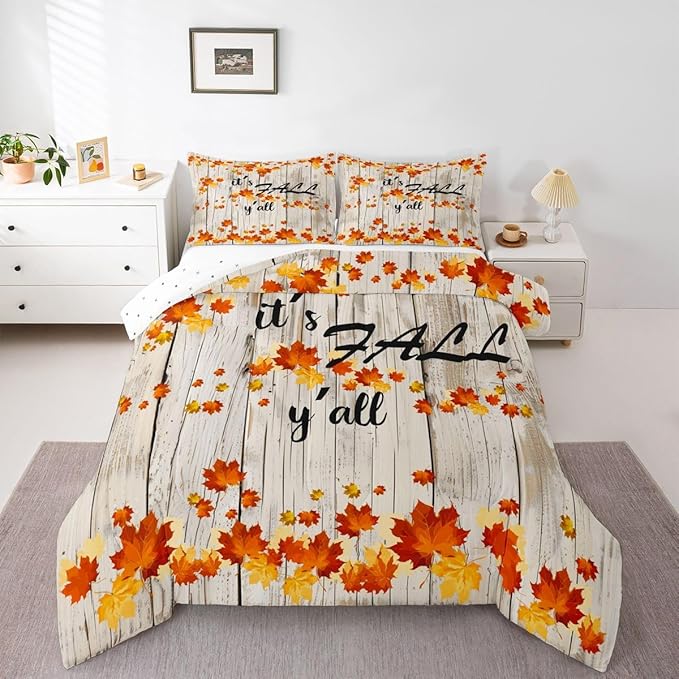 Fall Maple Leaves Bedding Sets King Autumn Nature Botanical Comforter Set Rustic Farmhouse Fall Bedding Comforters For Kids Adults Soft Lightweight Bed Duvet Set Orange Gold Beige 2 Pillow Cases