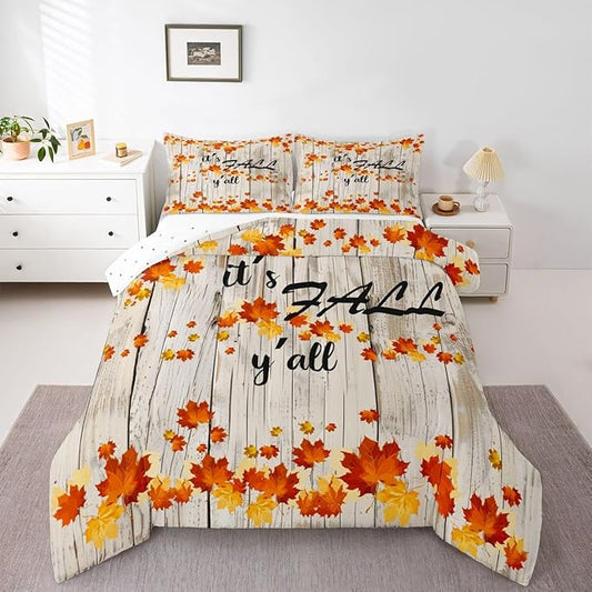 Fall Maple Leaves Bedding Sets Twin Autumn Nature Botanical Comforter Set Rustic Farmhouse Fall Bedding Comforters For Kids Adults Soft Lightweight Bed Duvet Set Orange Gold Beige 1 Pillow Case