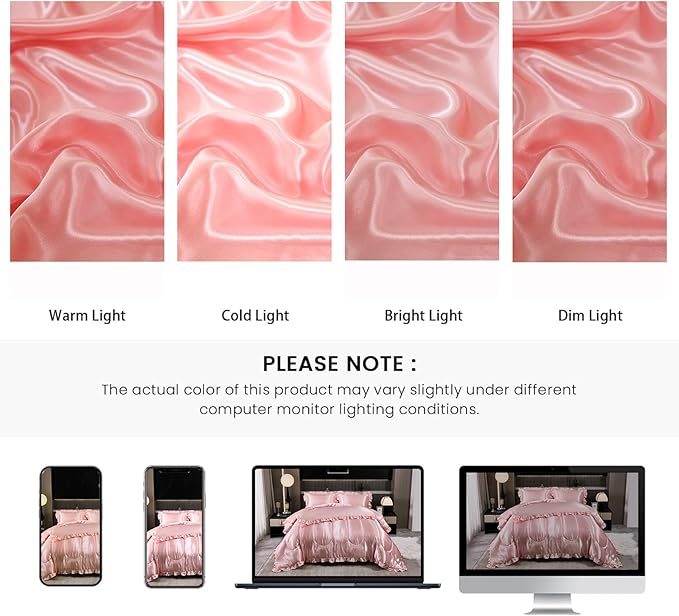Satin Queen Comforter Set Silk Like Satin Bedding Set Hotel Soft Polyester Pink Bed Set Luxury Silky Pillow Cover with Quilt Set Ruffle Down Comforter Home Decor