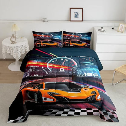 Feelyou Race Car Bedding Set Boys Extreme Sports Comforter Set for Kids Boys Cool Car Comforter Car Sports Quilt Set 1 Comforter Set with 2 Pillowcases King Size