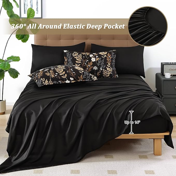 WONGS BEDDING Black and Gold Comforter Set Queen Size,7 Pieces Floral Bed in a Bag Botanical Microfiber Bedding Comforter Sets Soft Lightweight Bed Set with Sheet,Pillowcases&Shams