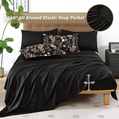 WONGS BEDDING Black and Gold Comforter Set Queen Size,7 Pieces Floral Bed in a Bag Botanical Microfiber Bedding Comforter Sets Soft Lightweight Bed Set with Sheet,Pillowcases&Shams