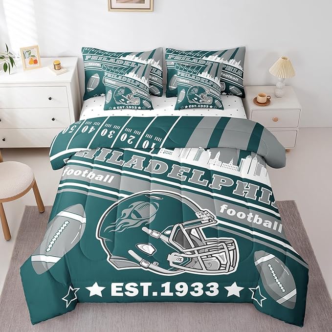 Feelyou Football 7 Pieces Comforter Sets Full Size Kids Rugby Sports Bedding Set for All Season Football City Bed in a Bag with Comforter, Sheets, Pillowcases & Cushion Cover
