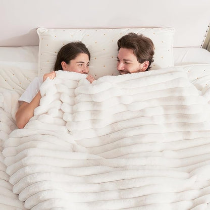 Cozy Bliss Faux Fur Throw Blanket for Couch, Cozy Warm Plush Striped Blanket for Sofa Bedroom Living Room, 108 * 90 Inches Cream White