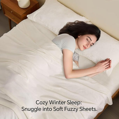 BEDELITE Flannel Sheets Queen Size White - Super Soft Fleece Sheets Set Fluffy Extra Plush, 4 Piece(Include Fitted Sheet, Flat Sheet, 2 Pillowcases)