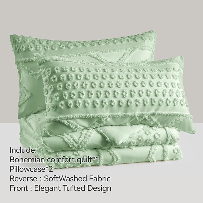 Boho Queen Comforter Set Sage Green with Sheets, 3 Pieces Tufted Queen Comforter Sets Boho Bedding Cream Soft Warm Neutral Comforter Sets for All Seasons