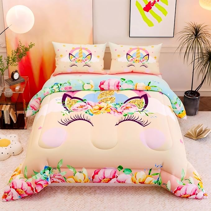 Unicorn Comforter Set,Floral Pink 3D Pattern for Kids Teens Adults,Decorative Bedding Comforter Sets with 2 Pillow Shams, Twin Size