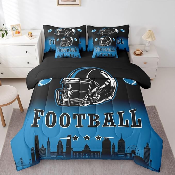 Erosebridal American Soccer 7 Piece Bedding Set Football City King Comforter Set with Sheets for Kids Boys Teen,Rugby Sports Games Bed in A Bag Black Blue Sheet Set with Comforter