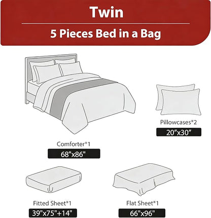 Girls Priness Comforter Set Kids 5Pcs Twin Size Bed in A Bag Pink Botanical Rose Bedding with Rabbit Bear Pattern, 1 Quilted Comforter(68"x86")&2 Pillowcase&1 Flat Sheet &1 Fitted Sheet
