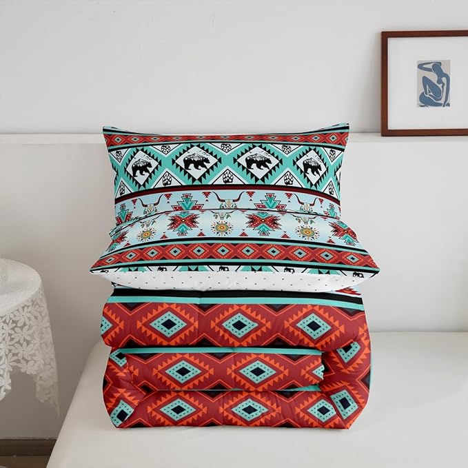 Erosebridal Black Bear Bedding Sets Exotic Bull Skull Western Comforter Set King,Ethnic Tribe Arrow Aztec Quilt Tribal Geometric Diamond Duvet Insert,Woodland Animals Boho Western Decor,Red Teal