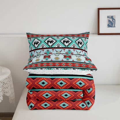 Erosebridal Black Bear Bedding Sets Exotic Bull Skull Western Comforter Set King,Ethnic Tribe Arrow Aztec Quilt Tribal Geometric Diamond Duvet Insert,Woodland Animals Boho Western Decor,Red Teal