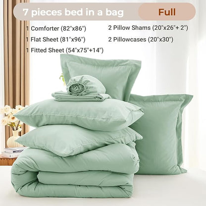 MUXHOMO 7 Pieces Full Comforter Set, Soft Bed in a Bag Full Size, All Season Bedding Set with Comforter, Flat Sheet, Fitted Sheet, Pillowcases & Shams, Sage Green