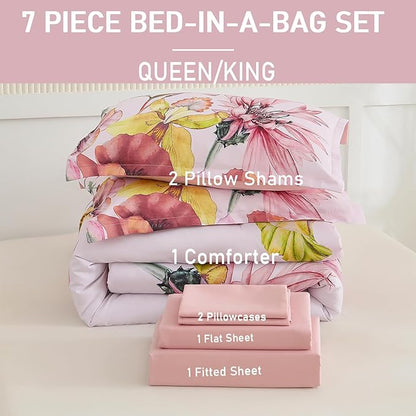 Yogeneg Queen Comforter Set 7 Piece Bed in a Bag,Elegant Floral Botanical Pattern Pink Bedding Set,Soft Microfiber Comforter with Sheet Set,All Season Bed Set(Blush Floral,Queen)