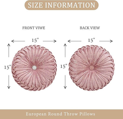 EUCIOR Round Throw Pillows,Blush Pink and Gold Throw Pillow,Soft Spandex Fabric,Pumpkin Pleated Handmade Pink Round Velvet Decorative Pillow for Sofa Bedroom Livingroom