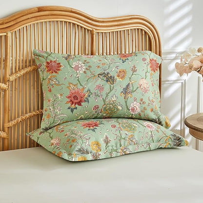MKXI Farmhouse Floral Comforter Set Gorgeous Bed Comforter Print Orange Pink Flowers On Green Queen Size Botanical Comforters Vine Pattern Aesthetic Bedding Comforter for All Season