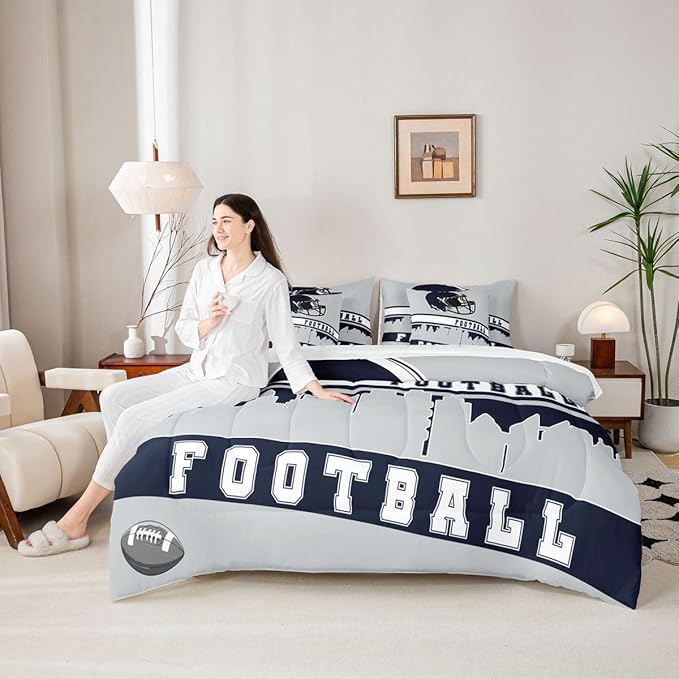 Erosebridal Football 7 Pcs Comforter Set King Football Fans Bedding for Boys Girls Football City Sheet Set Bed in A Bag Grey Rugby Competition Room Decor Sports Ball Game Quilt