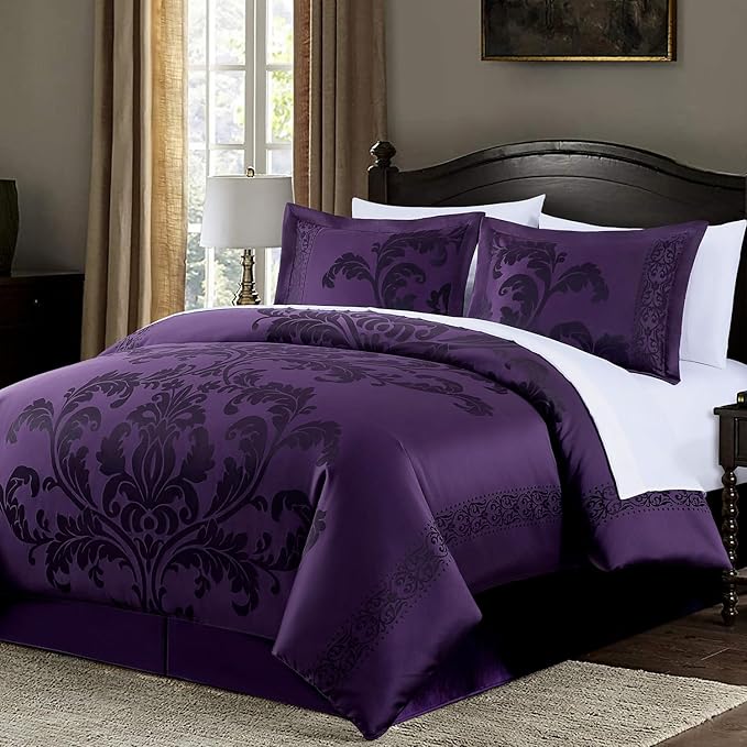 Chezmoi Collection Valor 7-Piece Queen Bed in a Bag, Purple/Dark Purple Luxury Jacquard Floral Comforter with Sheets Set for All Season