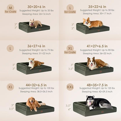 EHEYCIGA Large Dog Bed Memory Foam for Crate, Orthopedic Dog Bed Large Size Dogs with Washable Removable Cover, Waterproof Pet Sofa Couch with Nonskid Bottom, 35x22x6, Dark Green