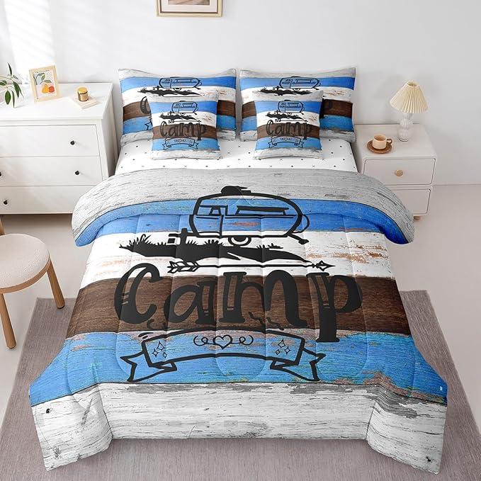 Erosebridal Full 7Pcs Happy Camping Comforter Set Bed in a Bag Rv Camper Rules Comforter Set with Wooden Style Sheets(1 Comforter, 1 Fitted Sheet, 2 Pillowcases and 2 Throw Pillow Covers)