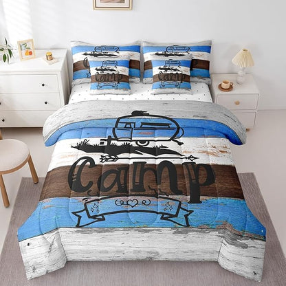 Erosebridal Full 7Pcs Happy Camping Comforter Set Bed in a Bag Rv Camper Rules Comforter Set with Wooden Style Sheets(1 Comforter, 1 Fitted Sheet, 2 Pillowcases and 2 Throw Pillow Covers)