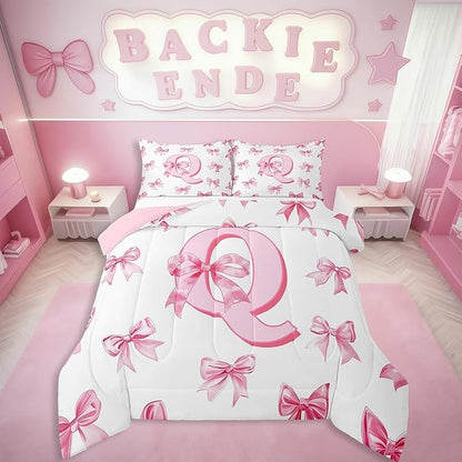 Erosebridal Pink Dreamy Princess Style Queen Bedding Set for Kids Girls Teen,Initial Letter Q Comforter Set Cute Kawaii Bowknot Bedding Comforter Sets Romantic Watercolor Bow Quilt Duvet