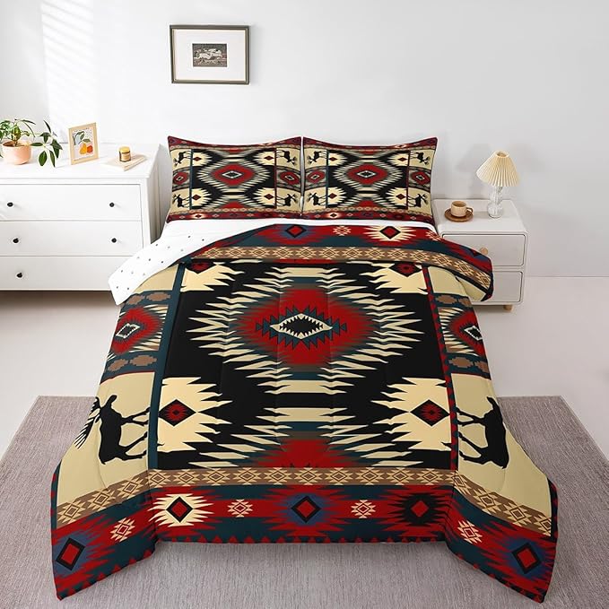 Feelyou Boho Comforter Set Twin Size Rustic Comforter for Boys Girls Teens Cabin Bedding Set Retro Duvet Set Room Decor Auburn Quilt Set