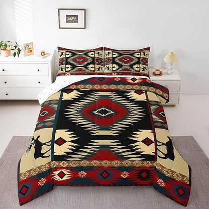 Feelyou Boho Comforter Set Queen Size Rustic Comforter for Boys Girls Teens Cabin Bedding Set Retro Duvet Set Room Decor Auburn Quilt Set