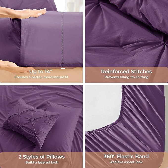 Sasttie Full Size Comforter Set, 7-Piece Bed in a Bag Double, Pintuck Bedding Set for All Season, Includes Comforter, Flat Sheet, Fitted Sheet, Pillowcases and Pillowshams, Grape Purple
