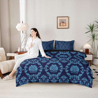 Erosebridal Black and Blue Damask 7 Piece Comforter Set Full Bed in a Bag | Antique Decor Gothic Vintage Floral Bedding Sets Boho Baroque Comforter and Sheet Set, Luxury Bohemian Bed Sets