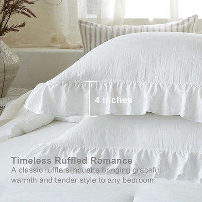 White Ruffle Comforter Set Queen, Pre-Washed Shabby Chic Bedding Set, Lightweight Cottagecore Soft Romantic Cozy 1 Comforter & 2 Shams, All-Season