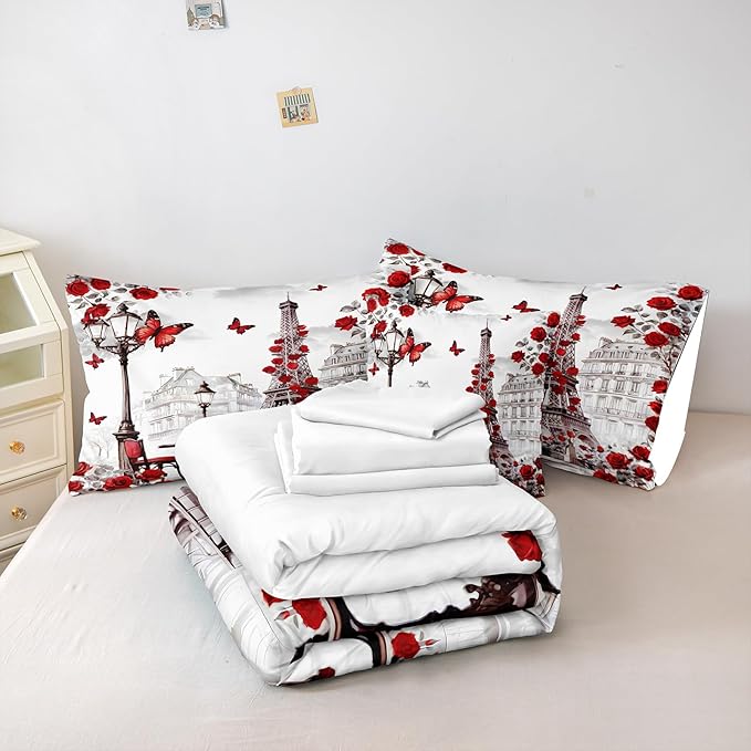 Paris Comforter Set 8 Pcs Red Rose Bedding Set Eiffel Tower Retro France Comforter Red Butterfly Romantic French Bed Comforter Queen Bed in A Bag